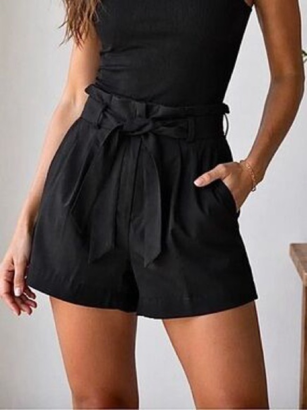High-Waist Tie-Belt Women’s Black Shorts